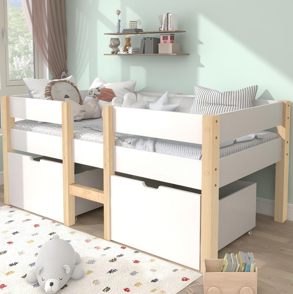 KINDERBETT 90/190 cm mit Schubladen, Rausfallschutz und Leiter, Weiß - Weiß, Holzwerkstoff (90/190cm) - Redom