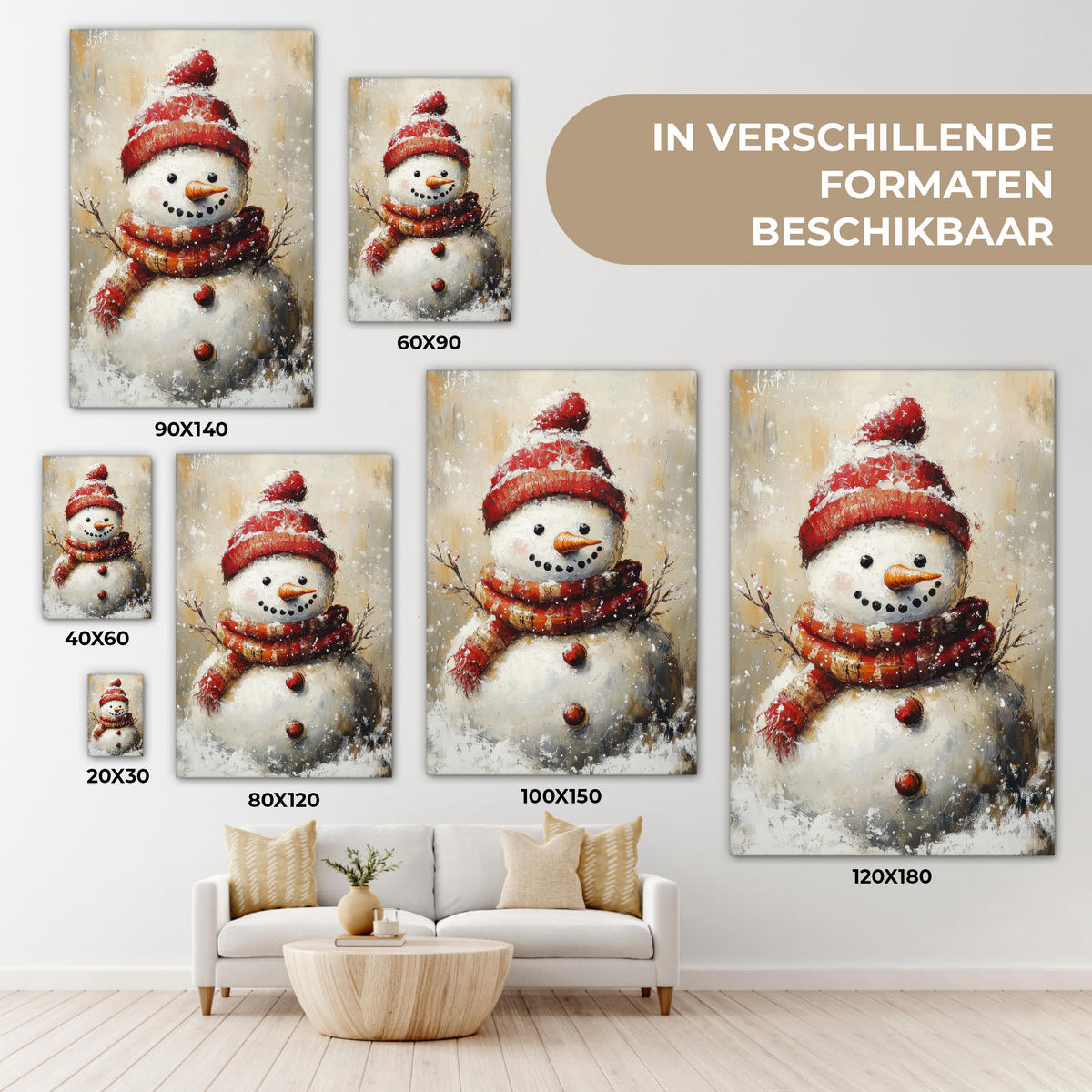 LEINWANDBILD Schneemann - Winter - Schnee - Beige Deko Wohnzimmer 20x30 cm - Weiß, Textil (20/30cm) - MuchoWow