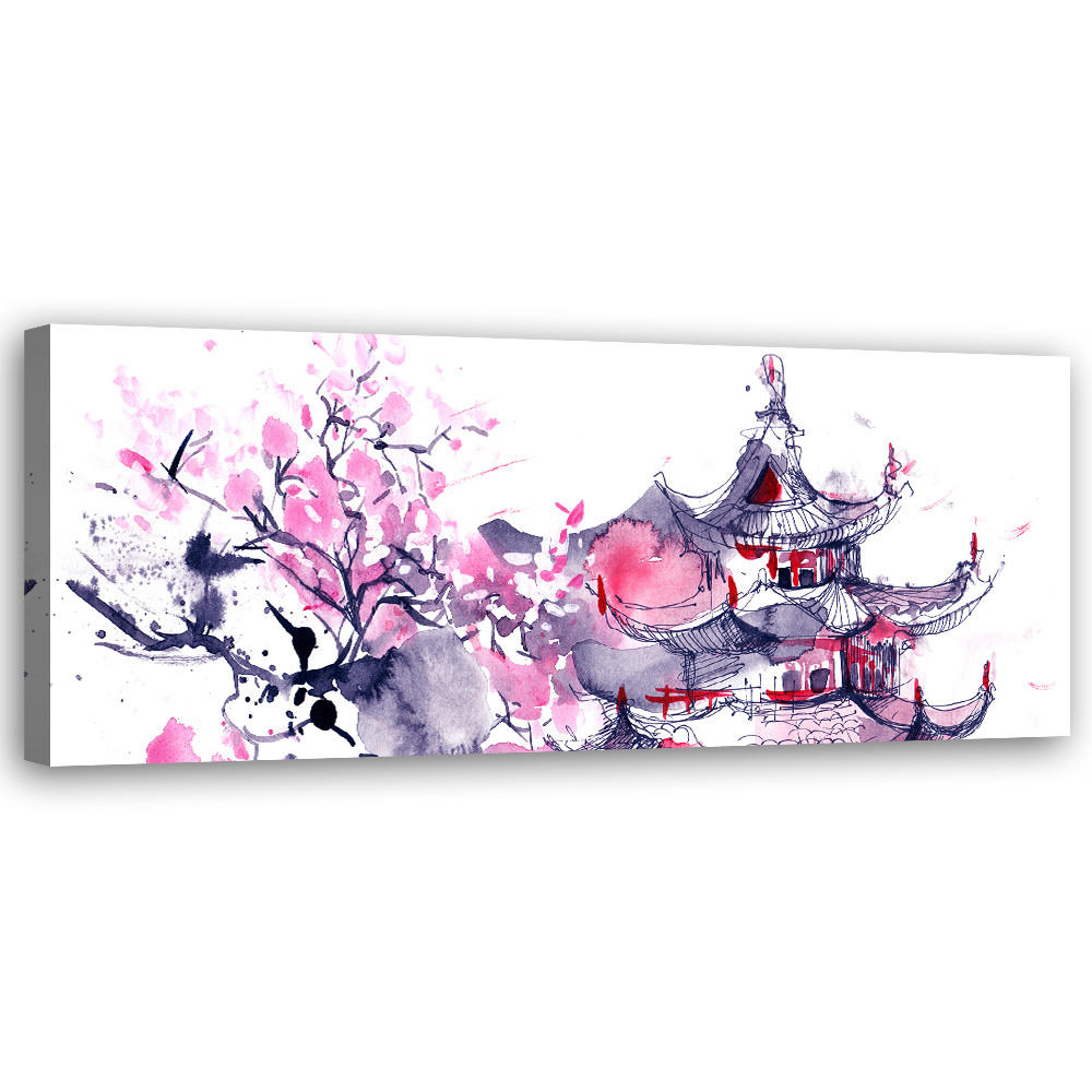 WANDBILD japanische pagode aquarell - Pink, Textil (90/30cm) - Feeby