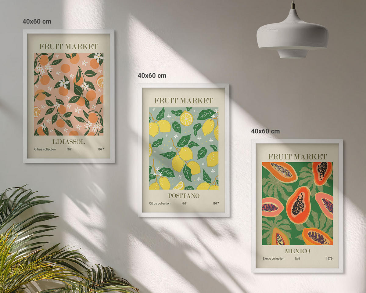 BILDER SET 3er Set - 40x60 cm Weißer Rahmen - Zitrusfrüchte, tropischer Retro-Stil - Weiß, Kunststoff (40/60cm) - TULUP