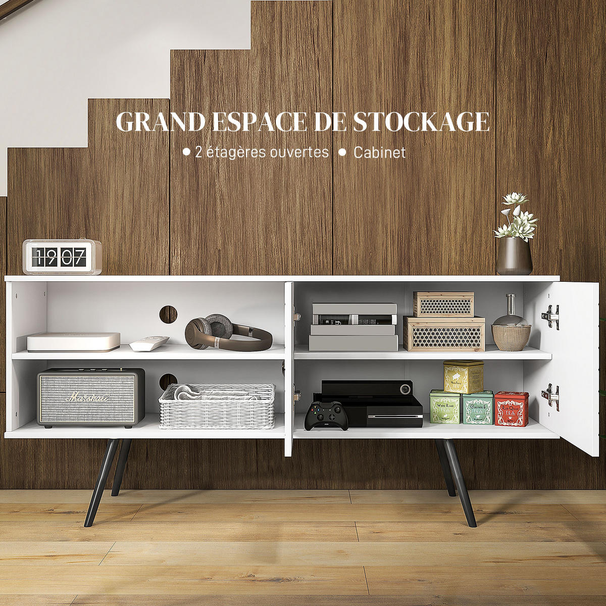 TV-LOWBOARD Weiß 145/38/65 cm, Soft-Close, Kabelmanagement, Holzbeine - Weiß, Holzwerkstoff (145/65/38cm) - PANGIVO