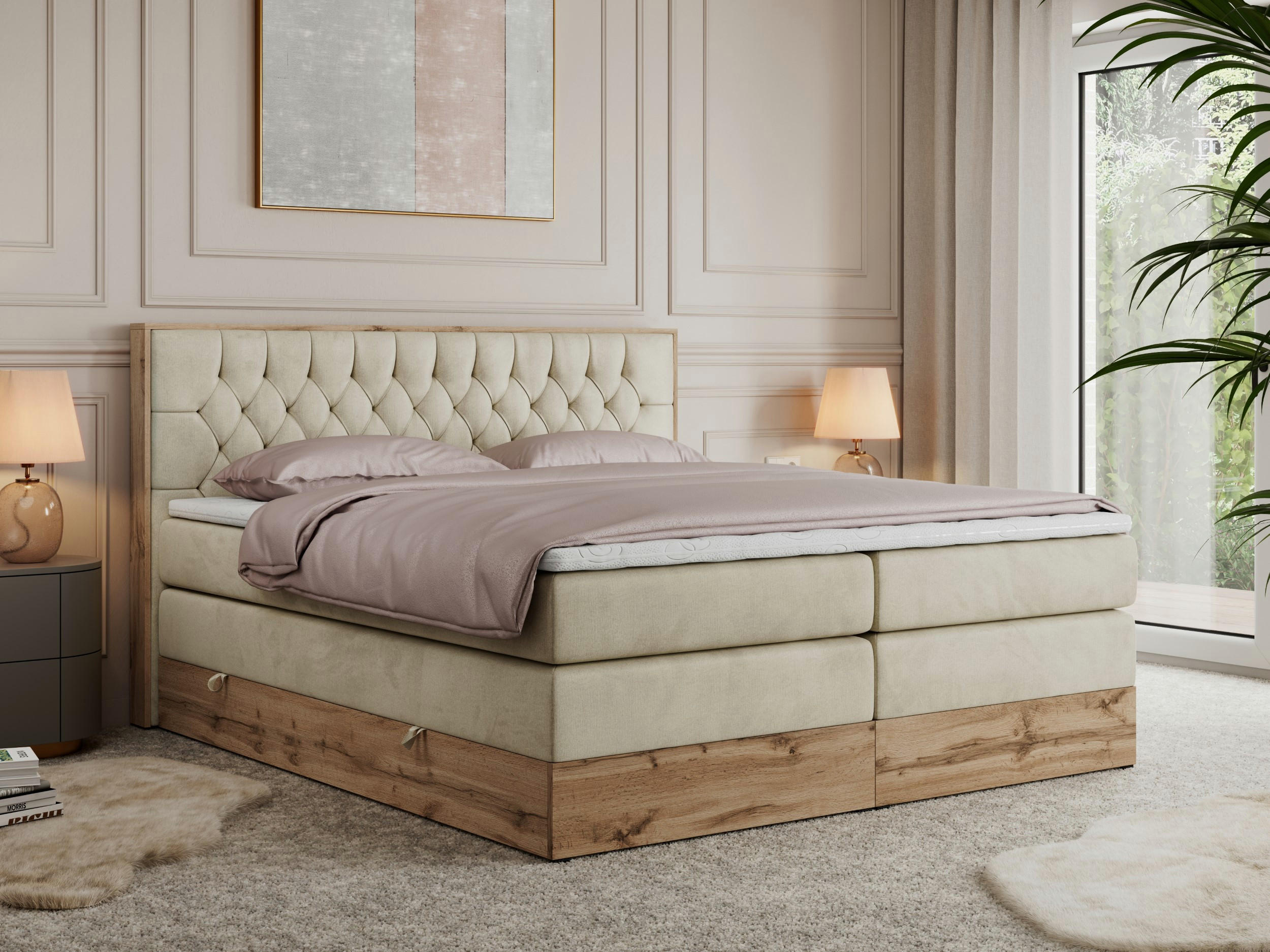 BOXSPRINGBETT AMORE KING 140/200 Beige Velvet - H3 - Beige, Holz/Textil (140/200cm) - MKS