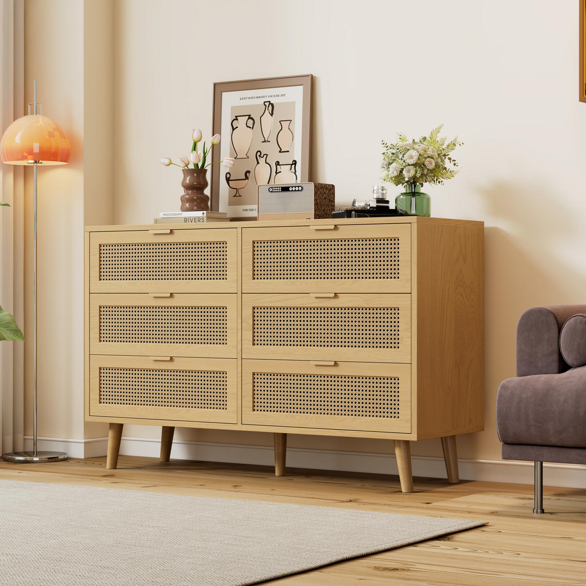 KOMMODE mit 6 Schubladen Holz Sideboard 120x40x76.5cm - Eichefarben, Holzwerkstoff (40/76.5/120cm) - FLIEKS