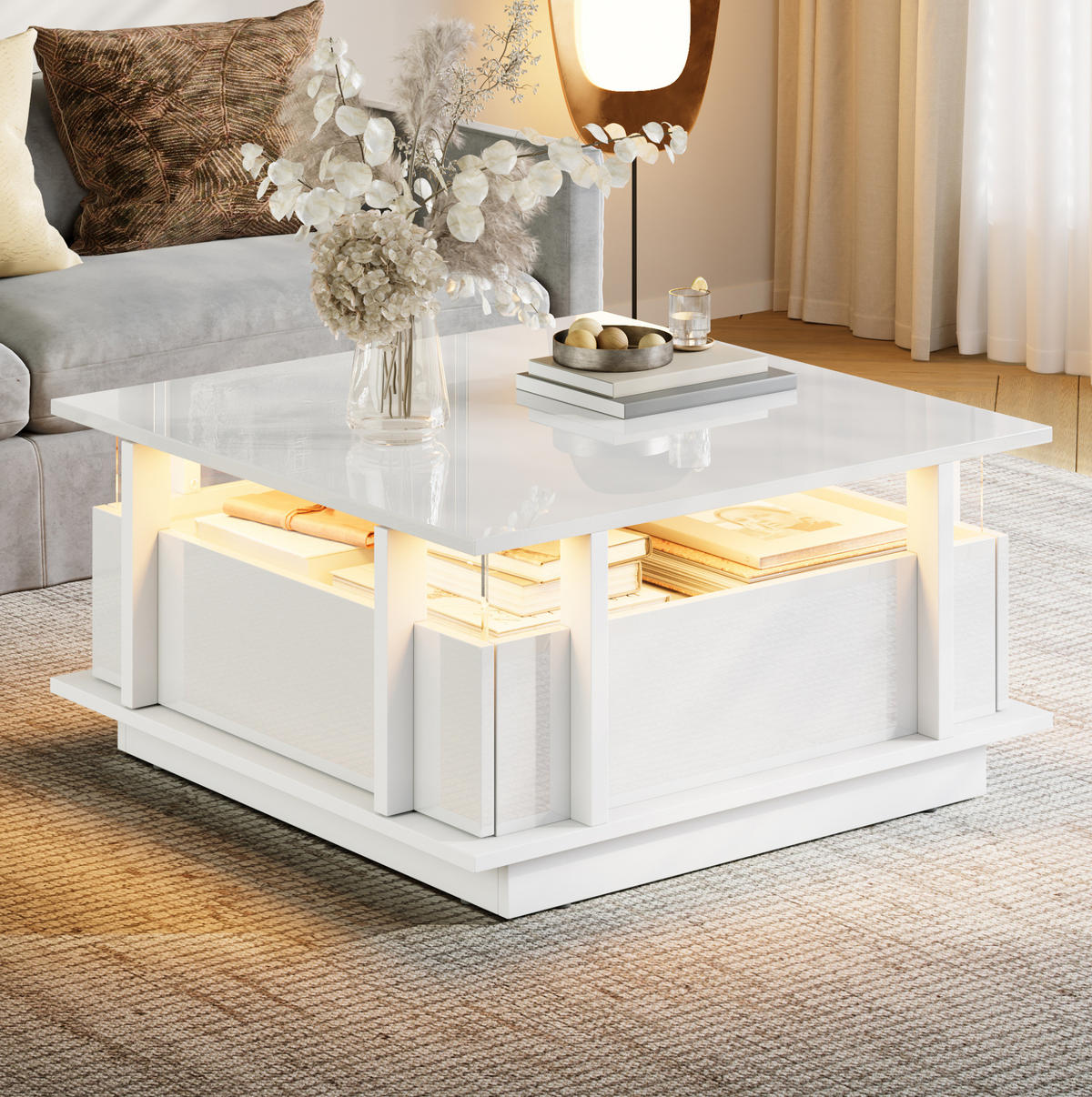 COUCHTISCH mit LED und 2 Schubladen 70x70 cm Hochglanz Weiß - Weiß, Holzwerkstoff (70/70/35cm) - Meubliv