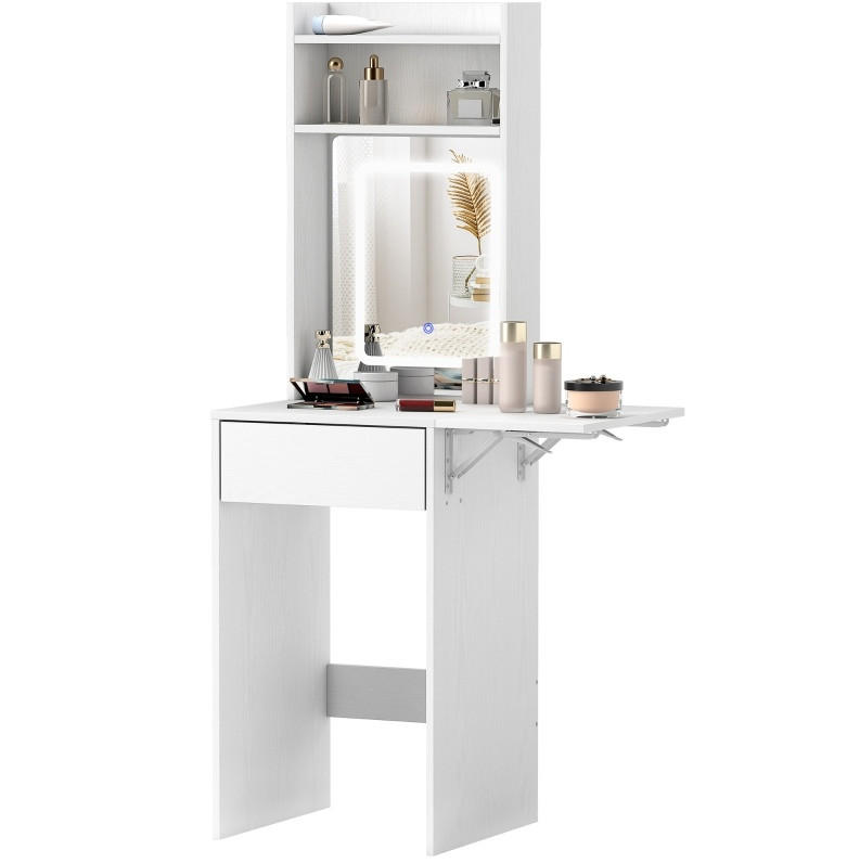 SCHMINKTISCH 45/45/152 cm in Weiß mit LED-Beleuchtung und klappbarer Ablage - Weiß, Holz (45/152/45cm) - Flora Grace