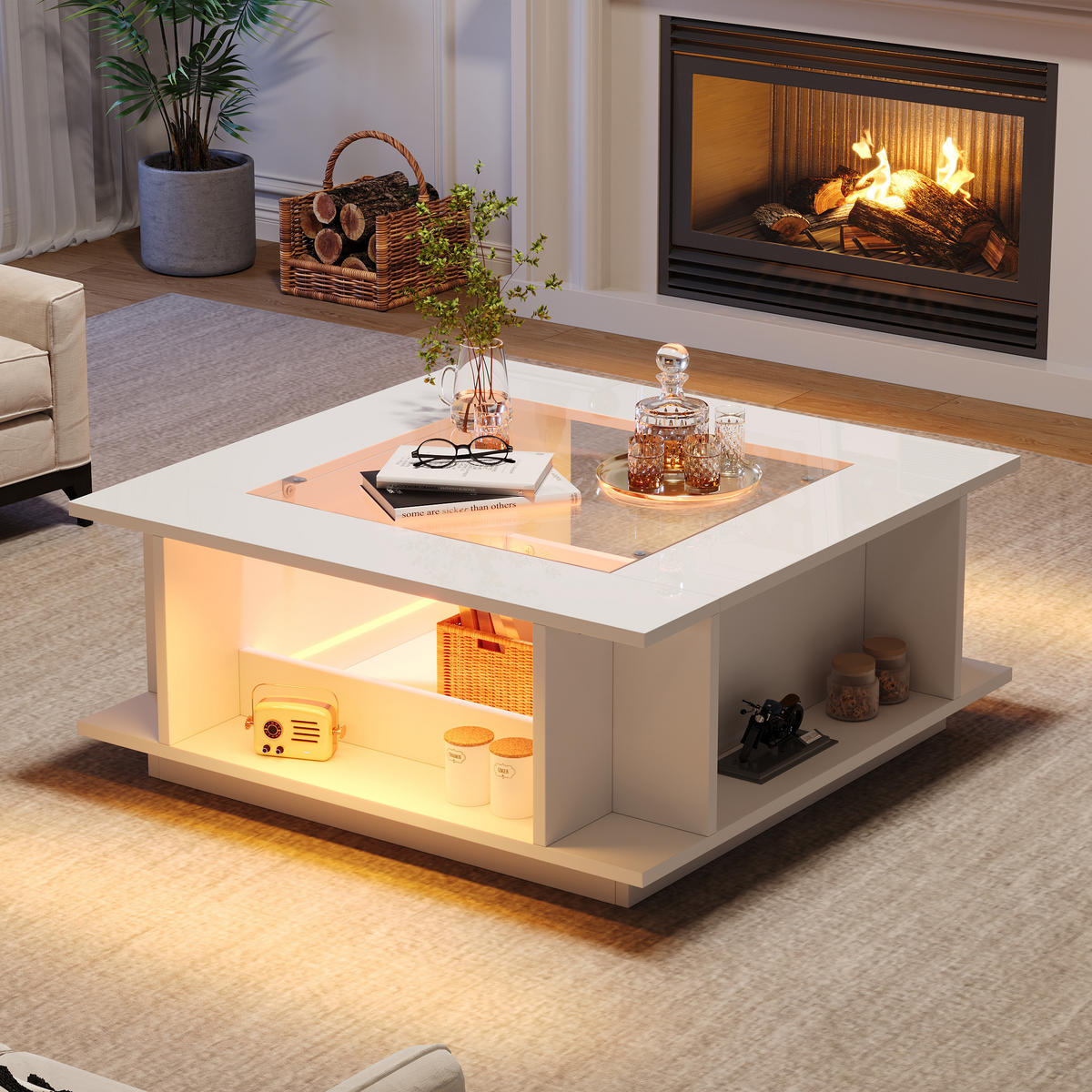 KONFERENČNÍ stůl bílý se skleněnou deskou a LED osvětlením do obývacího pokoje, 70×70×30 cm - bílá, kompozitní dřevo/sklo (70/70/30cm) - STILVORA