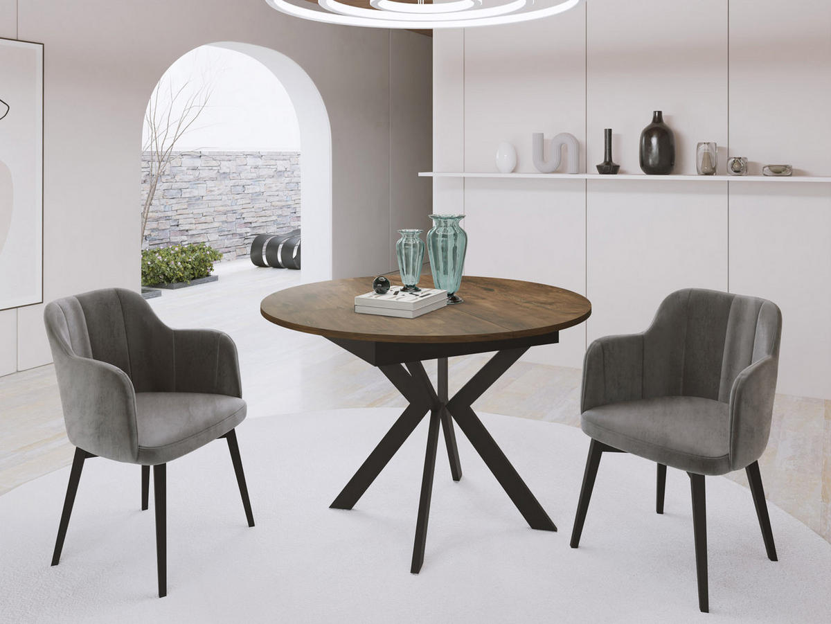 ESSTISCH Lily runder ausziehbarer, Lefkas Eiche 100-140/100/76 cm - Alteiche/Schwarz, Holzwerkstoff/Metall (100/100/76cm) - WFL GROUP