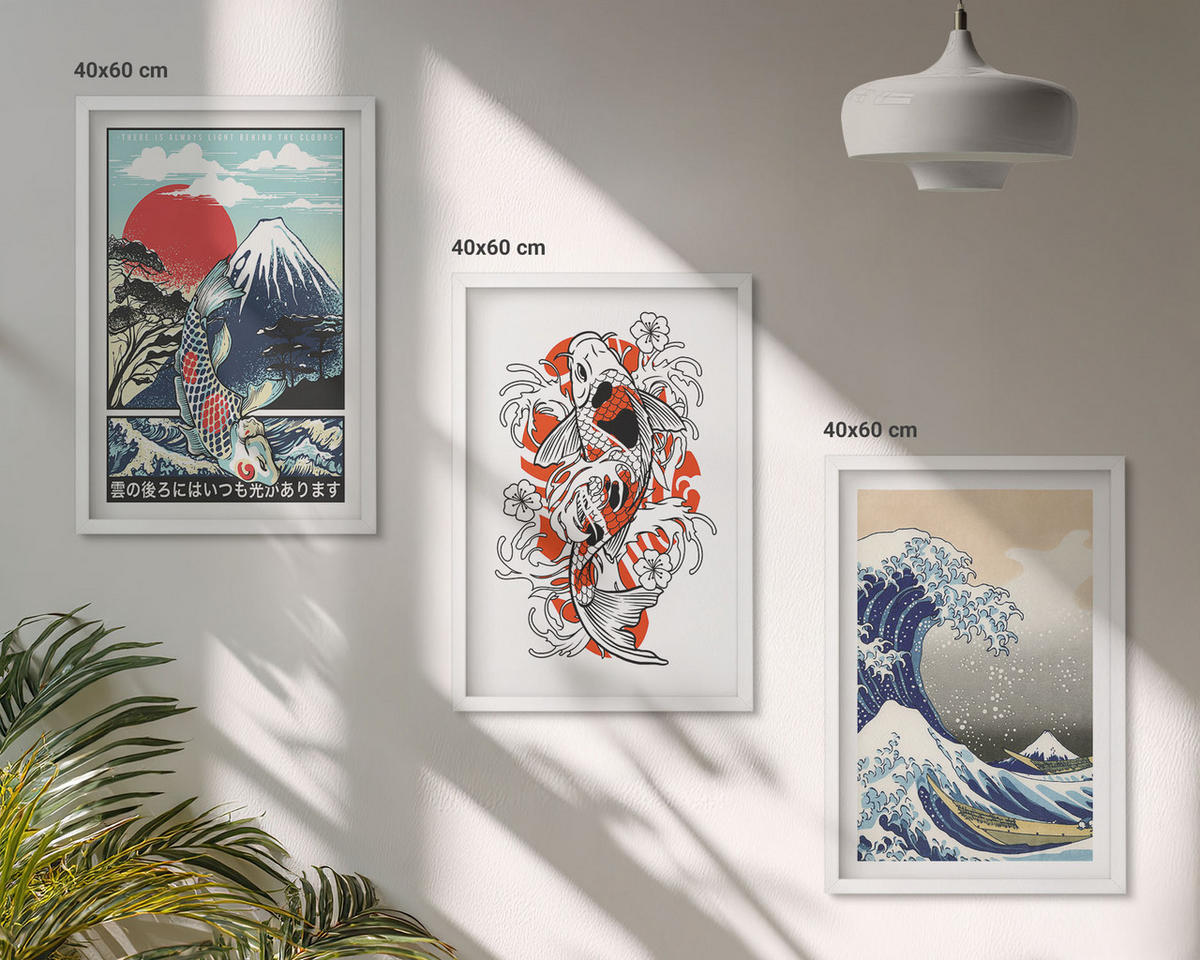 BILDER SET 3er Set - 40x60 cm Weißer Rahmen - Berge von Fischen Große Welle Japan - Weiß, Kunststoff (40/60cm) - TULUP