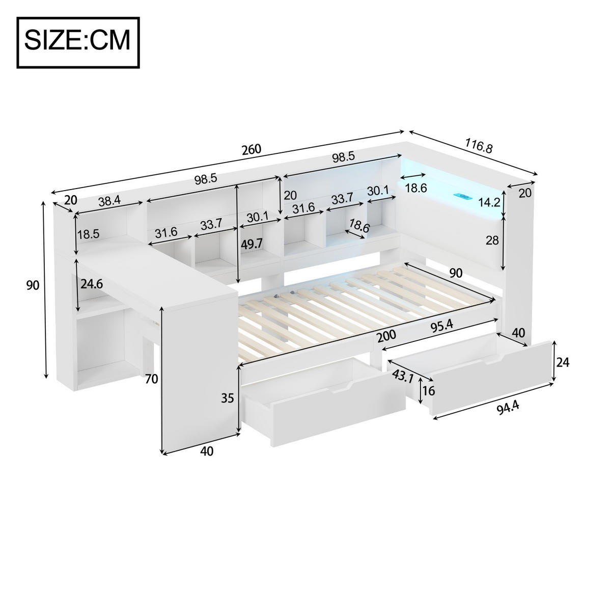 BETT aus MDF und Sperrholz 90x200 cm Weiß mit Schreibtisch, Bücherregal, LED und USB-Ladestation - Weiß, Holzwerkstoff (90/200cm) - Modfu