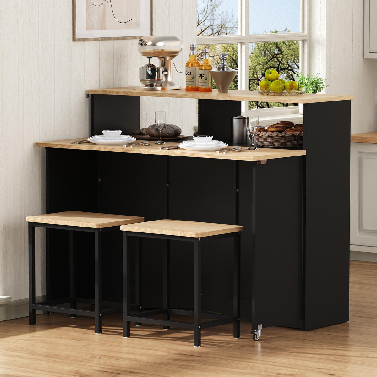 KÜCHENINSEL & Sideboard 110x68x97.5cm Schwarz mit Klappplatte & 2 Hockern - Schwarz, Holzwerkstoff (110/97.5/68cm) - Modfu