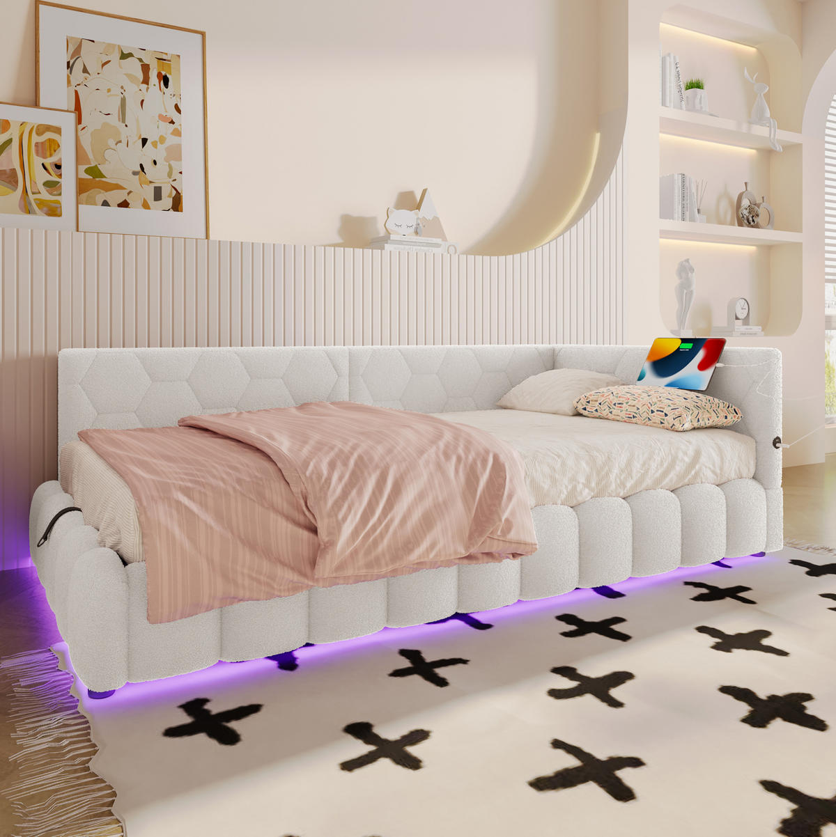 POLSTERBETT 90/200 cm Weiß mit Bettkasten, LED-Beleuchtung und USB - Weiß, Textil (90/200cm) - Flora Grace
