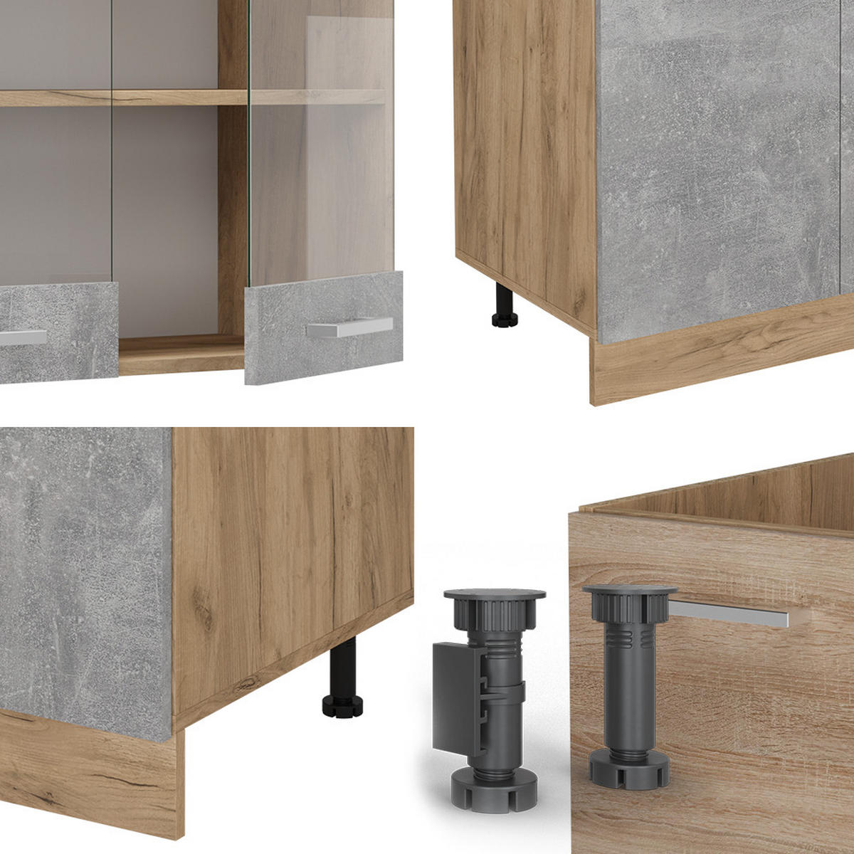 KÜCHENZEILE R-Line Beton/Goldkraft Eiche 300 cm mit Hochschrank, ohne Arbeitsplatte - Schieferfarben/Eiche Wotan, Holzwerkstoff (300/81.6/46cm) - Vicco
