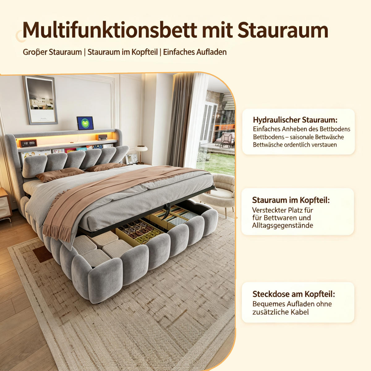BOXBETT 180/200 mit LED/USB-C, Samt, Grau - Grau, Holz (180/200cm) - LVHOM