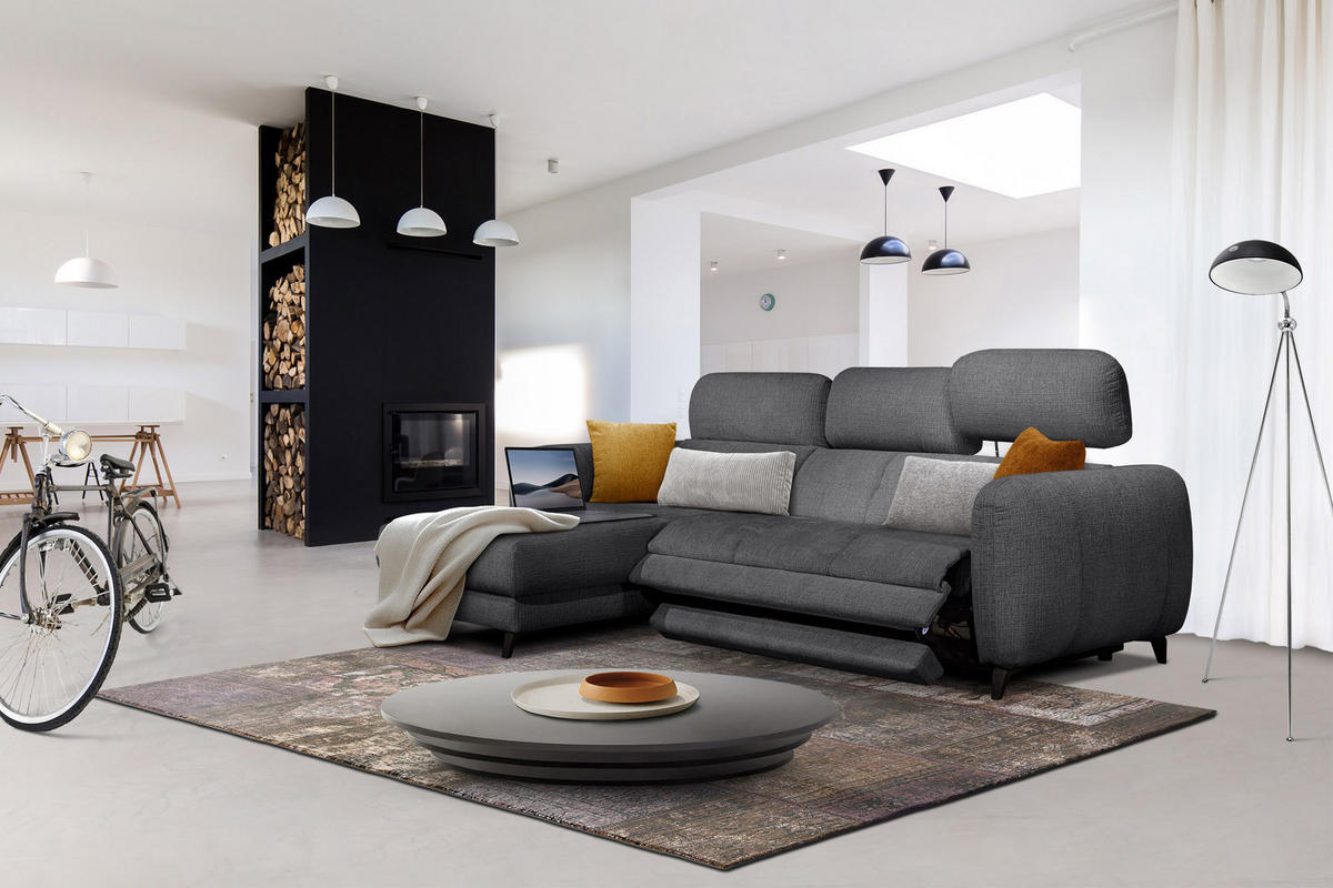 ECKSOFA SVEN 3-Sitzer, 1 Relax XL, verstellbare Kopfstützen, dunkelgrau - Anthrazit/Schwarz, Holzwerkstoff/Textil (256/163cm) - Courtois Laville