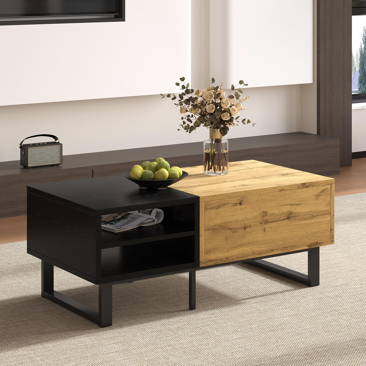 COUCHTISCH Farbblockdesign Natur/Schwarz - Walnussfarben, Holzwerkstoff (100/50/40cm) - ComfortXL