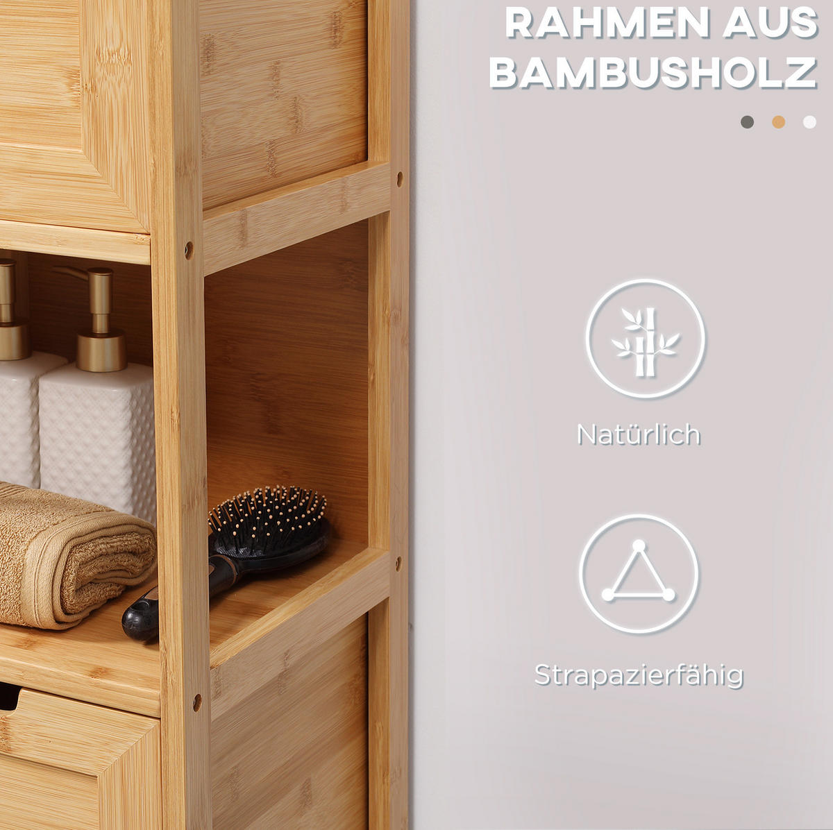 BADEZIMMERSCHRANK 30x30x90 cm Natur aus Bambus mit Kippsicherung & Schubladen - Naturfarben, Naturmaterialen (30/90/30cm) - Modfu