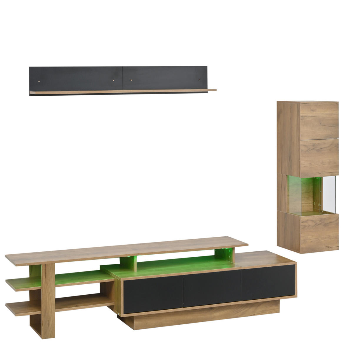 TV-WOHNWAND 3-tlg. 180 cm MDF/Acryl Natural+Black mit LED - Schwarz, Holzwerkstoff (40/45/150cm) - Beauniv