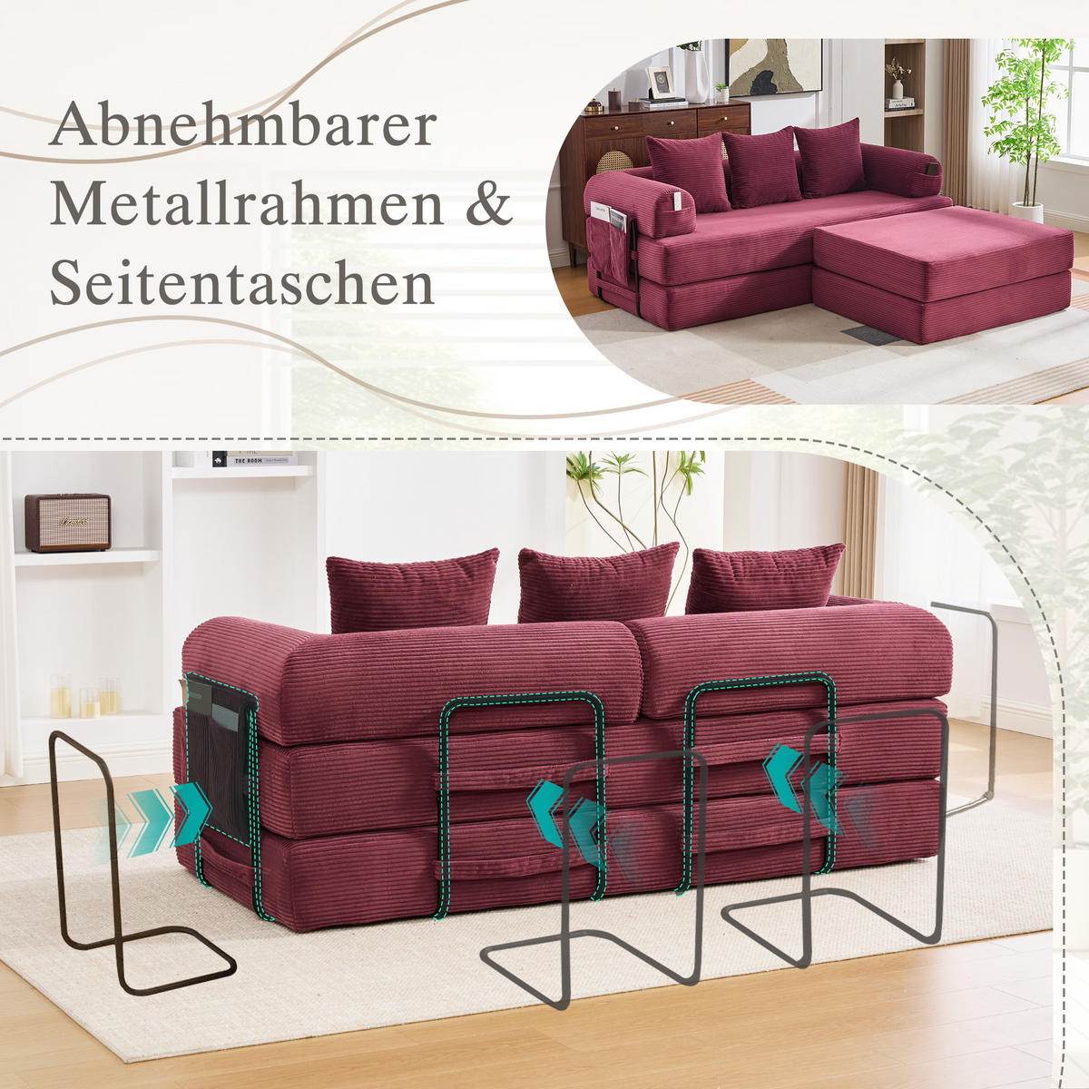 ECKSOFA Cord Weinrot mit Hocker und Kissen - Weinrot, Textil/Metall (218/285cm) - WISHDOR
