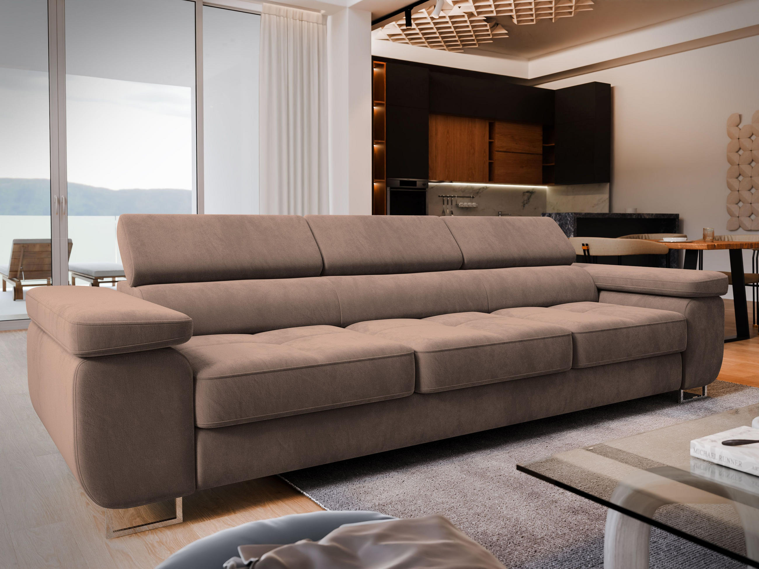BETTSOFA MOSINE Ecru Velours-Stoff mit Schlaffunktion - Ecru, Textil (281/87/98cm) - MASSENO