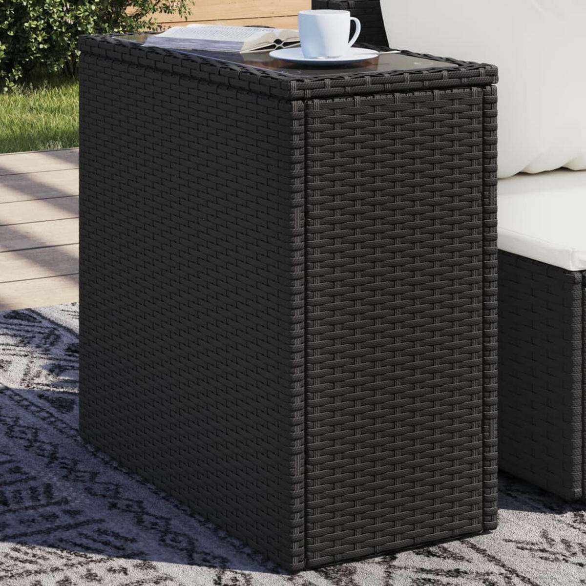 GARTEN-BEISTELLTISCH Mit Glasplatte Schwarz 58/27,5/55Cm Rattan - Schwarz, Kunststoff (58/27.5/55cm) - vidaXL