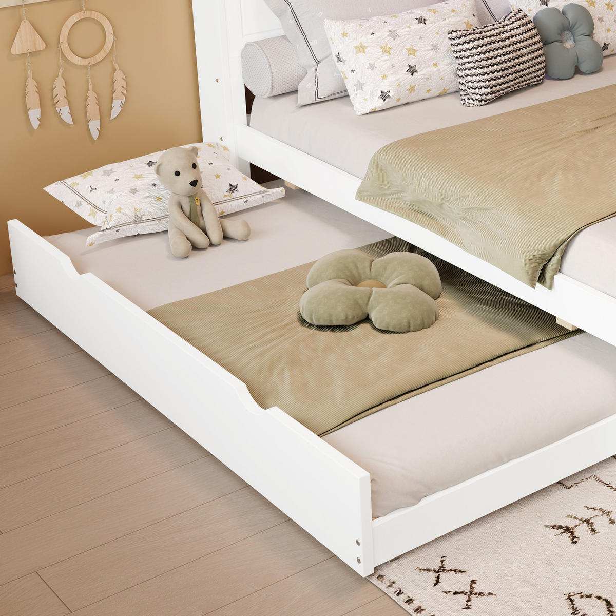 BETT 120/200 cm & 90/190 cm in Weiß mit Ausziehbett, LED, USB und Regal - Weiß, Holzwerkstoff (120/200cm) - STILVORA