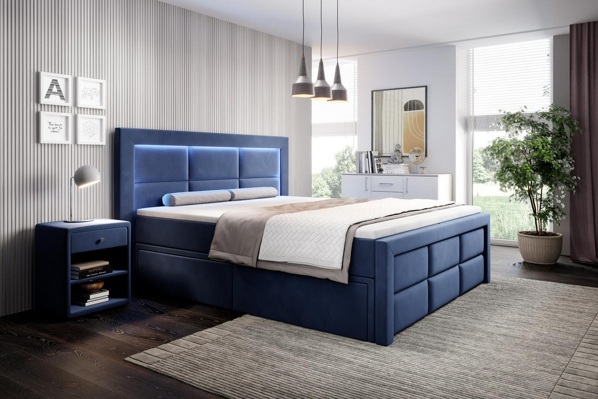BOXSPRINGBETT Aspen mit Schubladen und Topper, LED-Beleuchtung, Samt, 180x200 cm, Dunkelblau - Dunkelblau, Holz - PROMETO Möbel