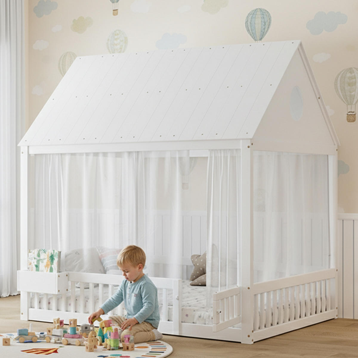 HAUSBETT 140/200 cm Weiß aus Kiefer, MDF und Sperrholz mit Vorhängeschirmen und Stauraumfach - Weiß, Holz (140/200cm) - OKMYHOME