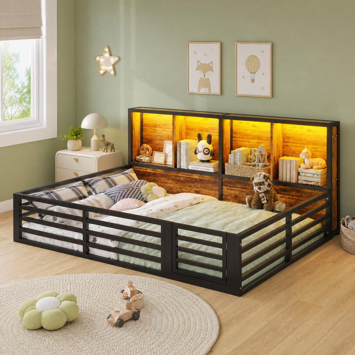 METALLBETT 140/200 cm in Schwarz mit Ablagefächern und LED - Schwarz, Holzwerkstoff/Metall (140/200cm) - STILVORA