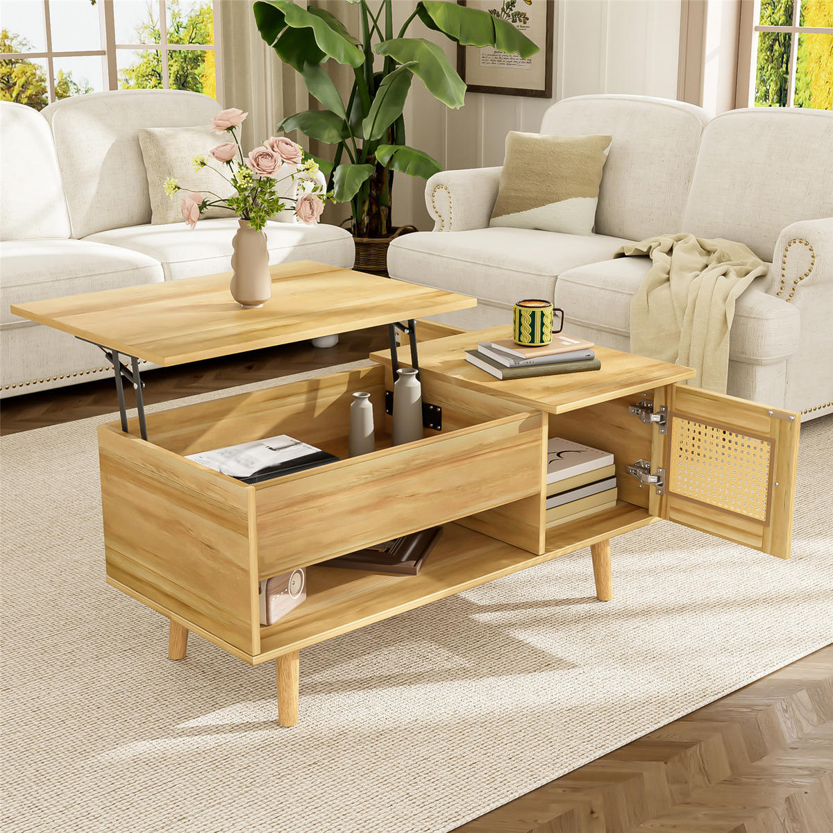 COUCHTISCH Lift-Top Rattan Türen Holzoptik - Naturfarben, Holz (103/50/60cm) - Kaket