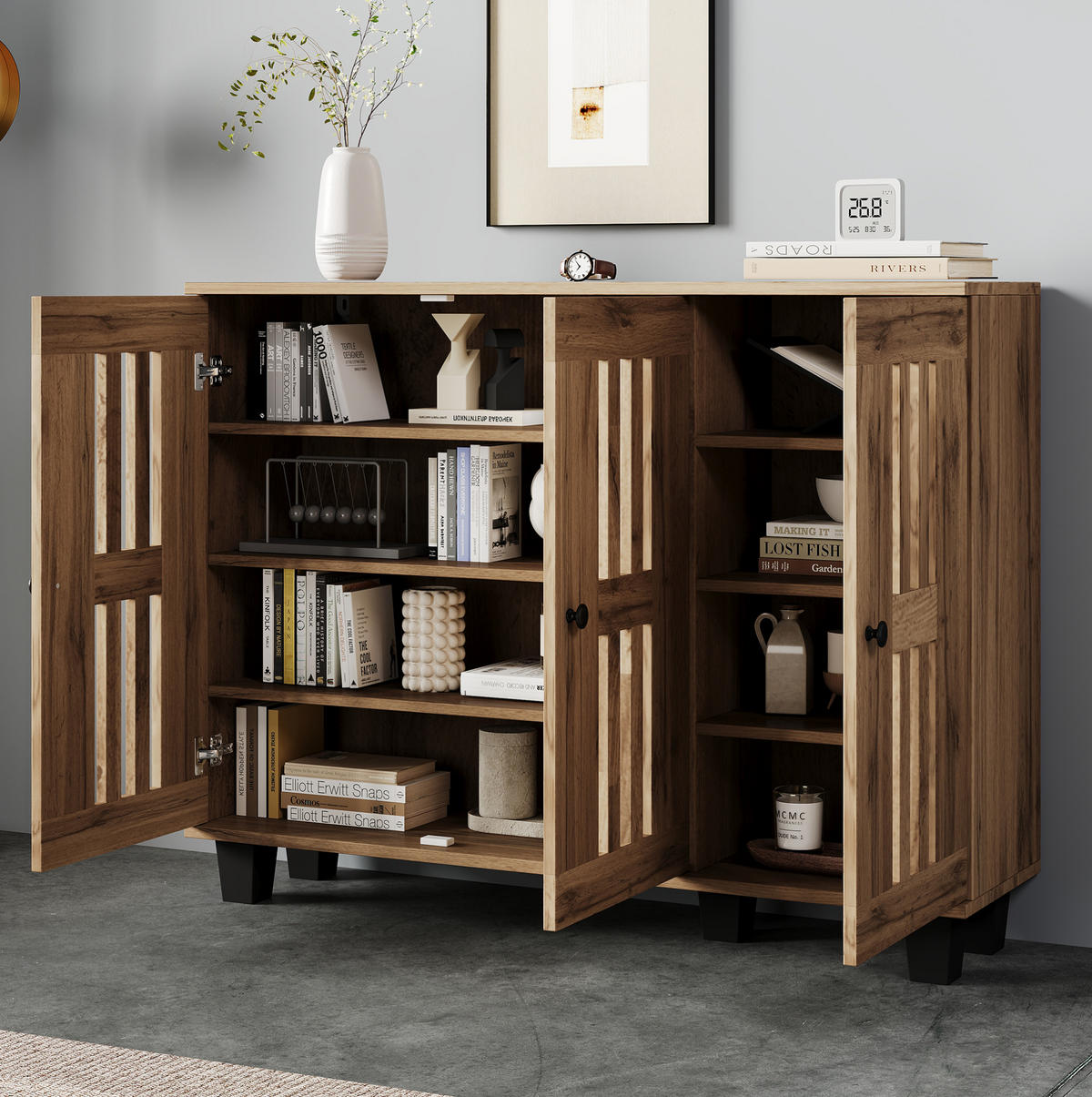 SIDEBOARD 120/32/92 cm aus Spanplatte mit 3 Türen und 8 Ablagefächern, Naturholz - Naturfarben, Holzwerkstoff (120/92/32cm) - Redom