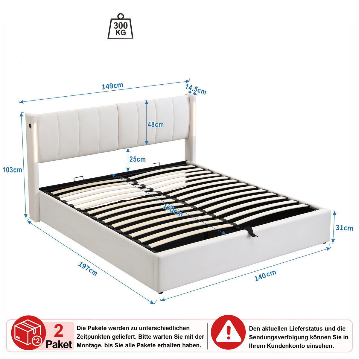 POLSTERBETT 140/190 cm in Weiß mit LED, USB und verstellbarem Kopfteil - Weiß, Holzwerkstoff/Textil (140/190cm) - CHICFURN