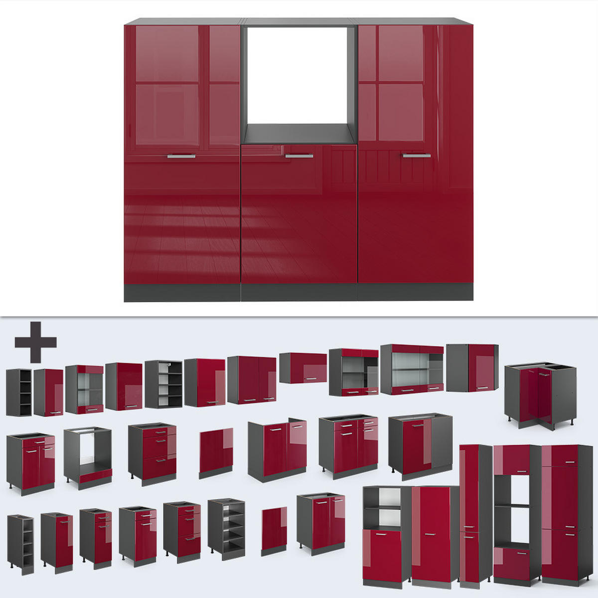 KÜCHENBLOCK R-Line Rot Hochglanz/Anthrazit 180 cm ohne Arbeitsplatte - Anthrazit/Rot, Holzwerkstoff (180/81.6/46cm) - Vicco