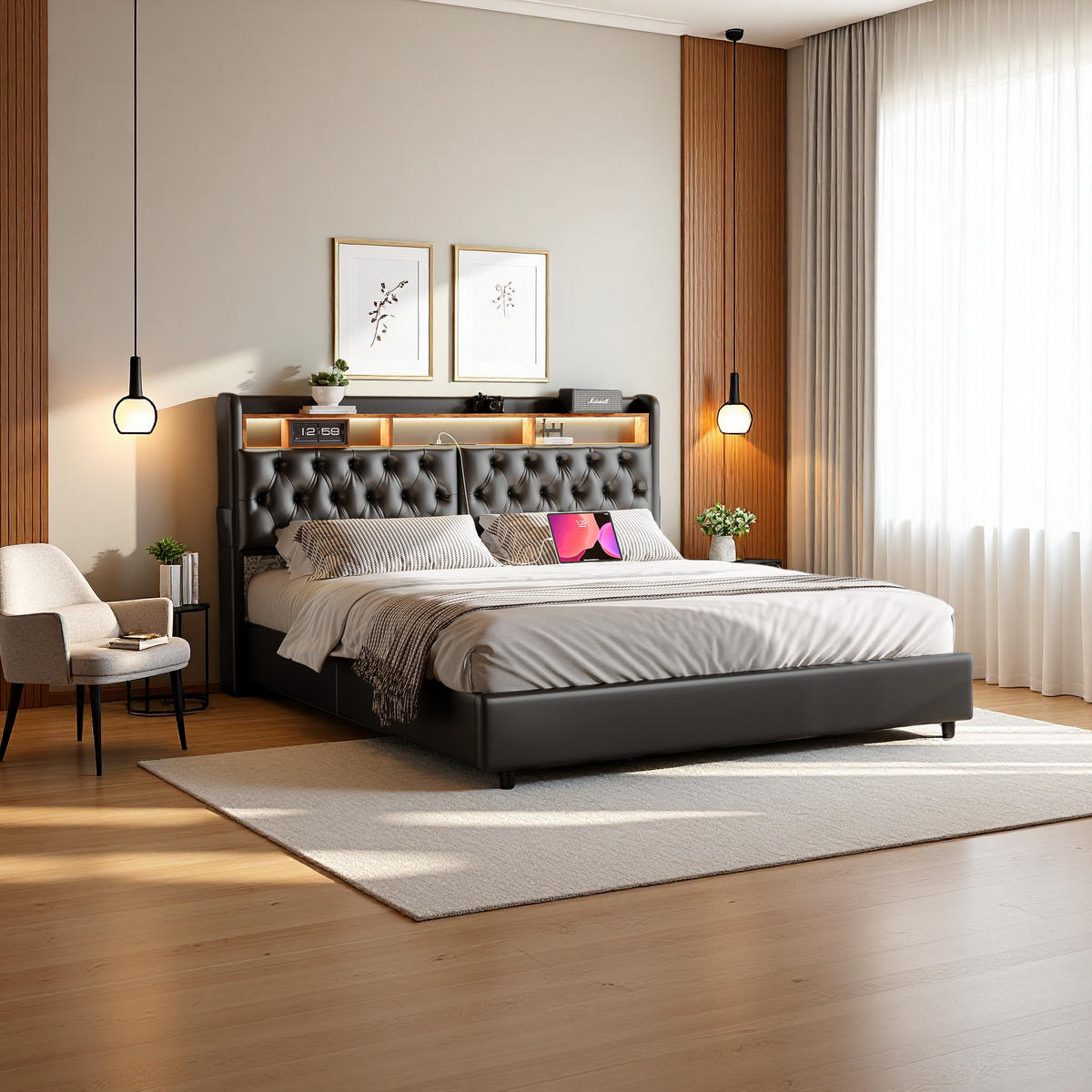 POLSTERBETT 160x200 cm LED USB Stauraum PU Leder schwarz - Schwarz, Holz (160/200cm) - LEBENLANG