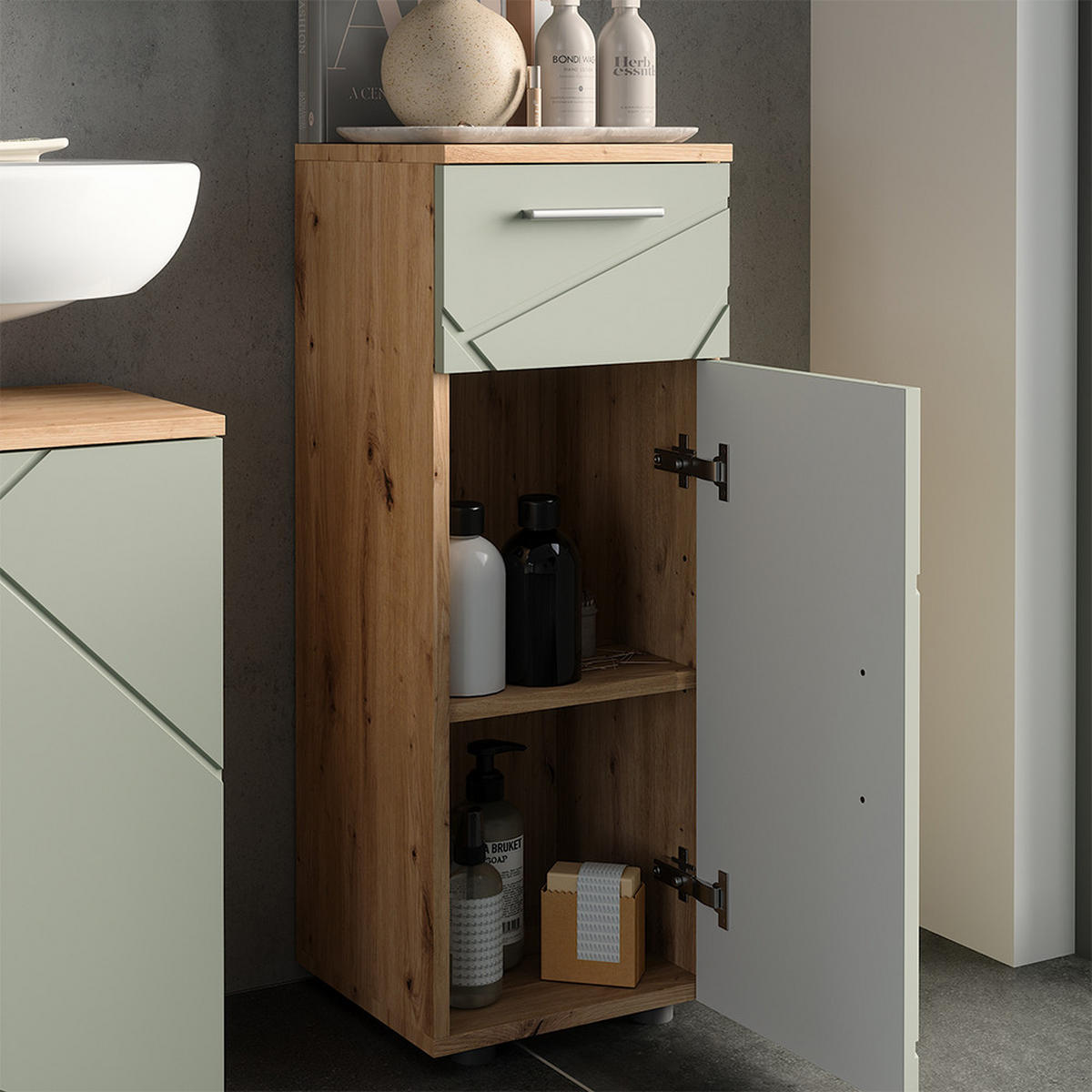 MIDISCHRANK Irma Salbeigrün 30 x 81 cm - Salbeigrün/Hellgrau, Holzwerkstoff (30/81/30cm) - Vicco