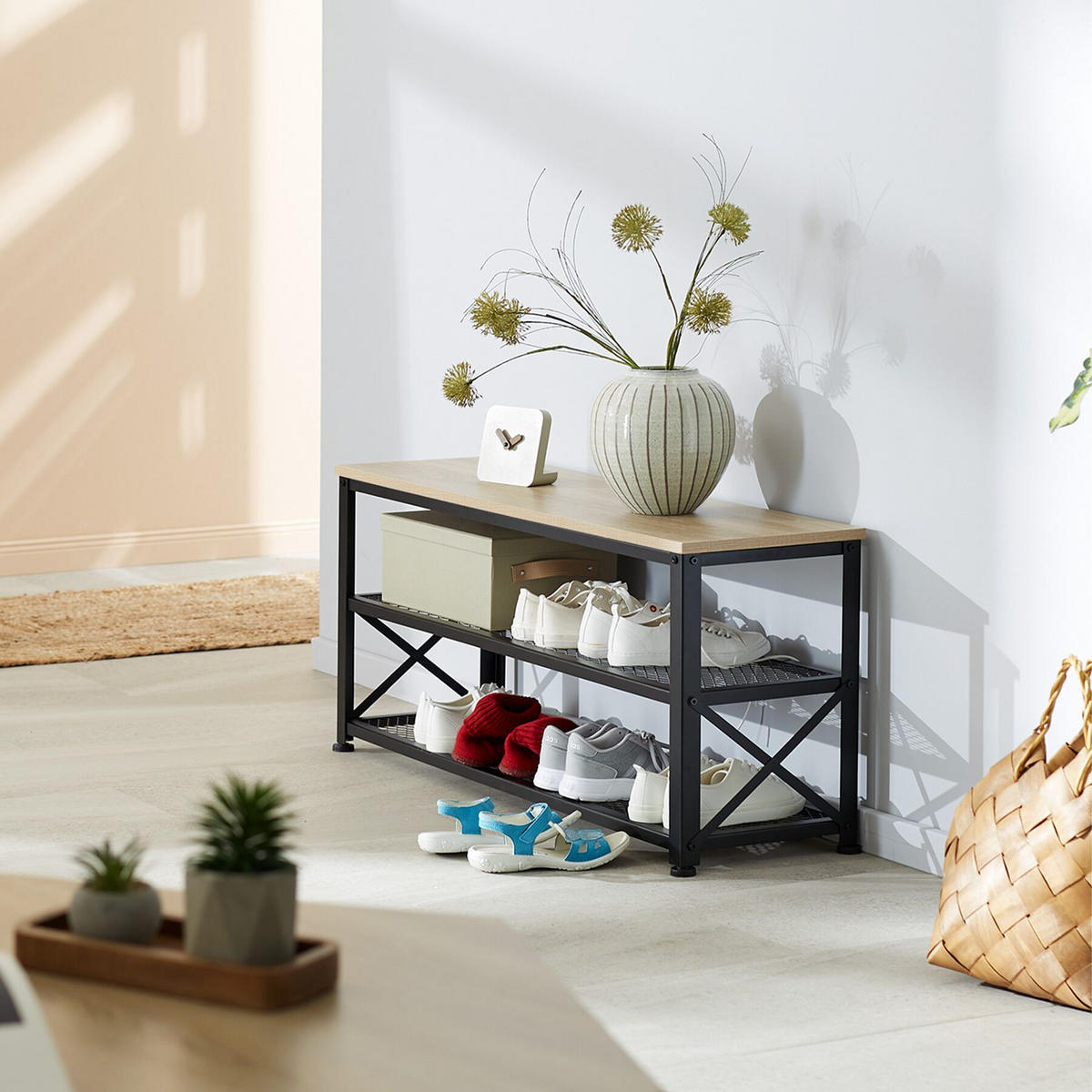 SCHUHREGAL Blackpool,101 x 30,5 x 45,5 cm,Industrial Holz hell, Eiche Sonoma - Naturfarben, Holz (30.5/45.5/101cm) - tectake