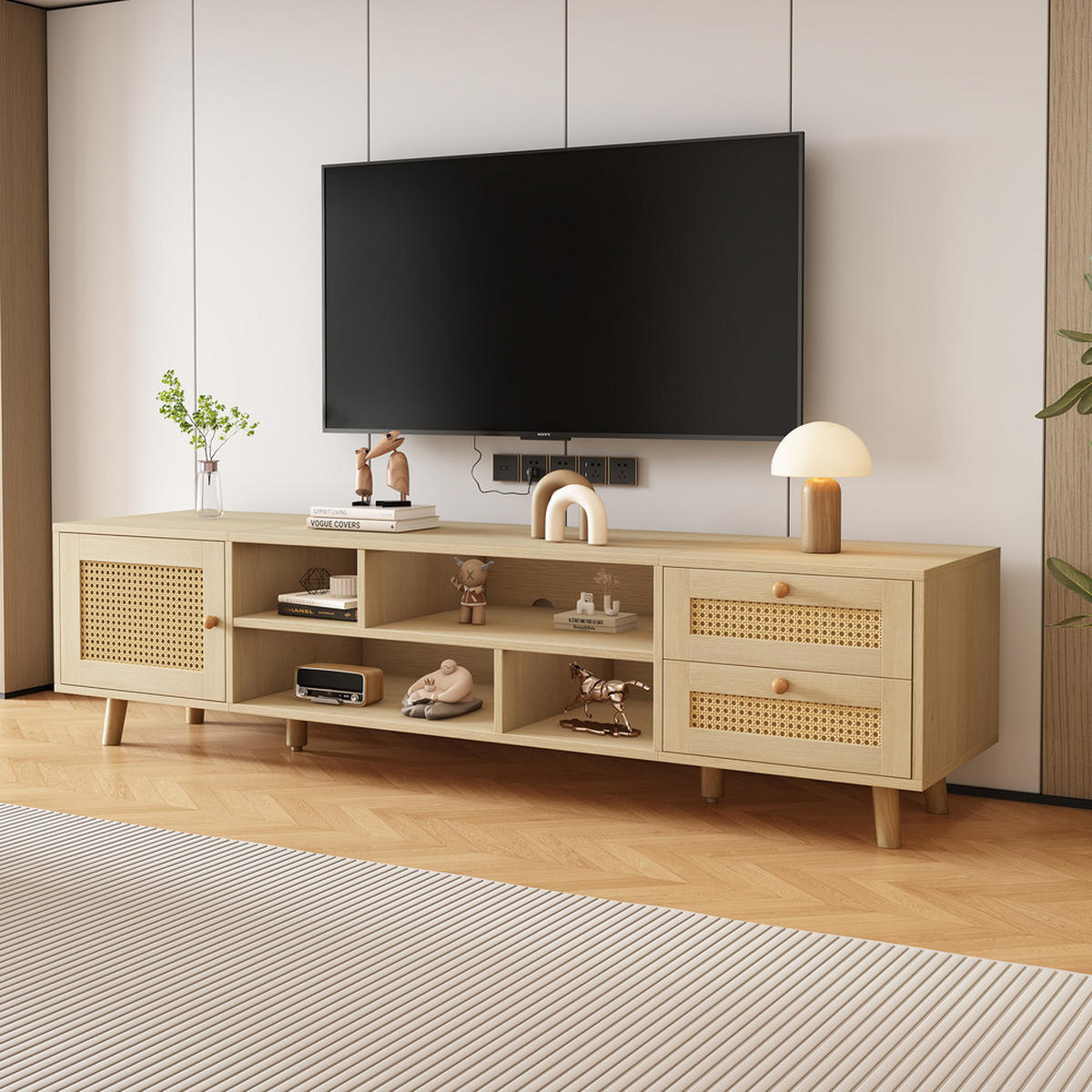 TV-SCHRANK 160cm Holzfarbe Rattan 2 Schubladen 1 Tür bis 70 Zoll - Braun, Holz (45.5/13.5/93cm) - FLIEKS