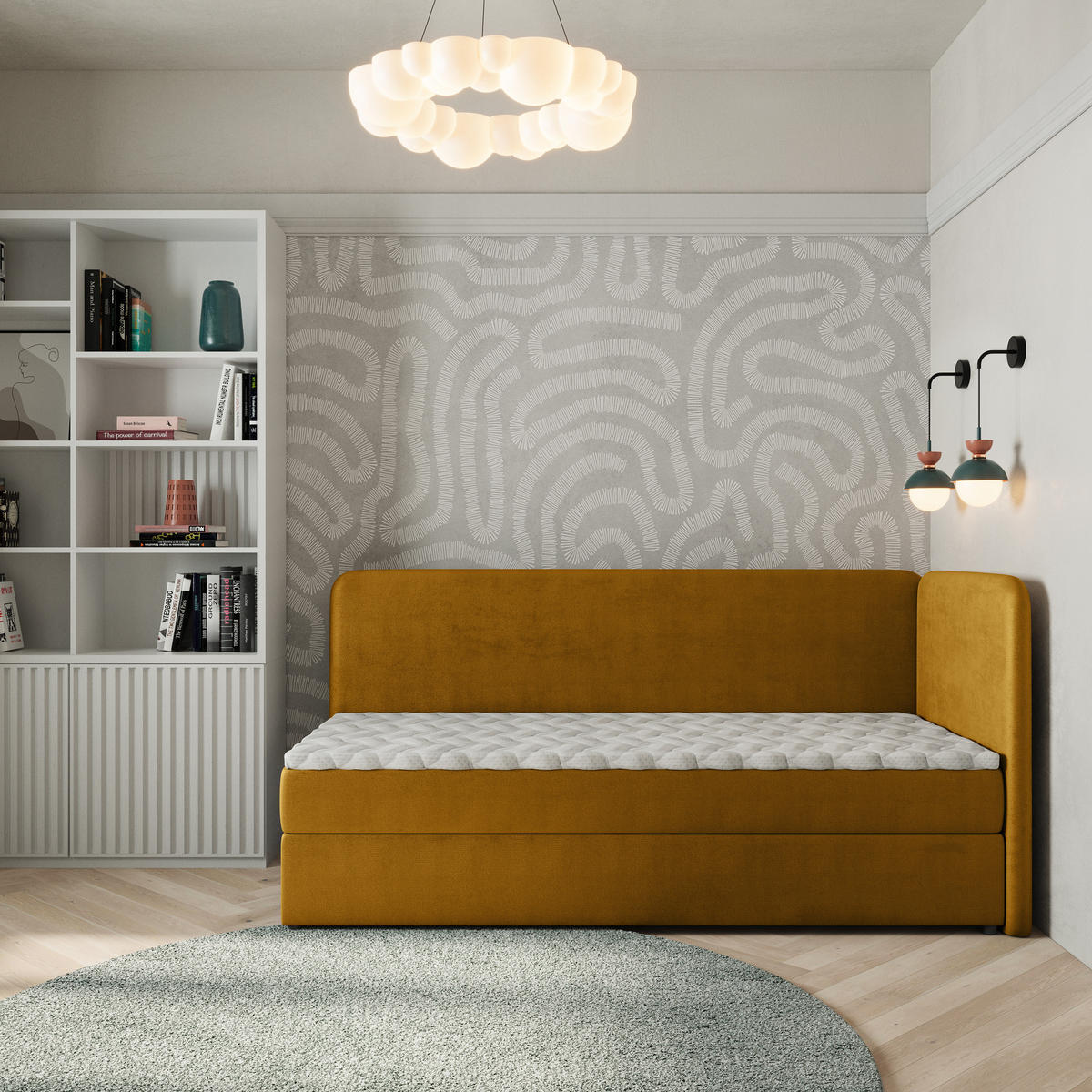 BOXBETT GINA 90x200 cm mit Matratze und Topper, H2+H3 - Gelb - Gelb, Holz (90/200cm) - MASSENO