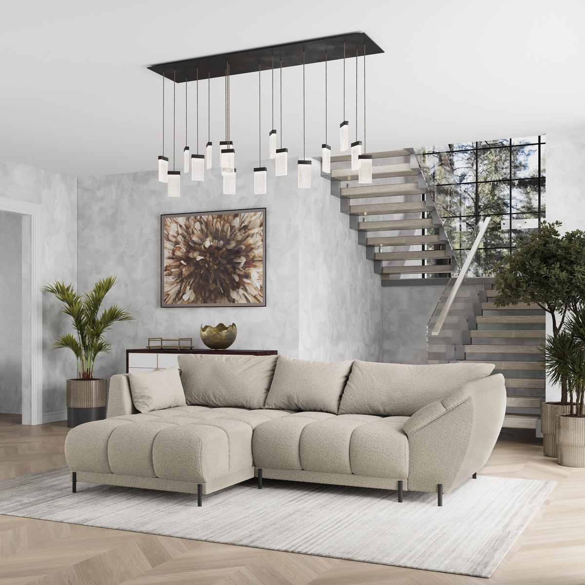 ECKSOFA VESTANO L-S Beige Boucle-Stoff mit Schlaffunktion - Beige, Holz (287/182cm) - MASSENO