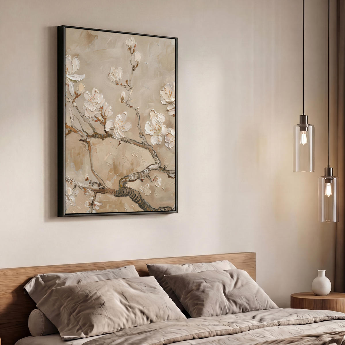 LEINWAND Bilder mit Rahmen - Blumen - Modern - Beige - Weiß - Blüte - 70x100 - Beige, Textil (70/100cm) - MuchoWow