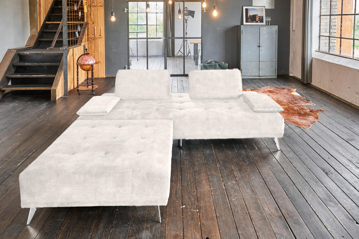SOFA MIT HOCKER WIOLO Cremeweiß Velvet - Silberfarben/Creme, Textil/Metall (240/80/110cm) - KAWOLA