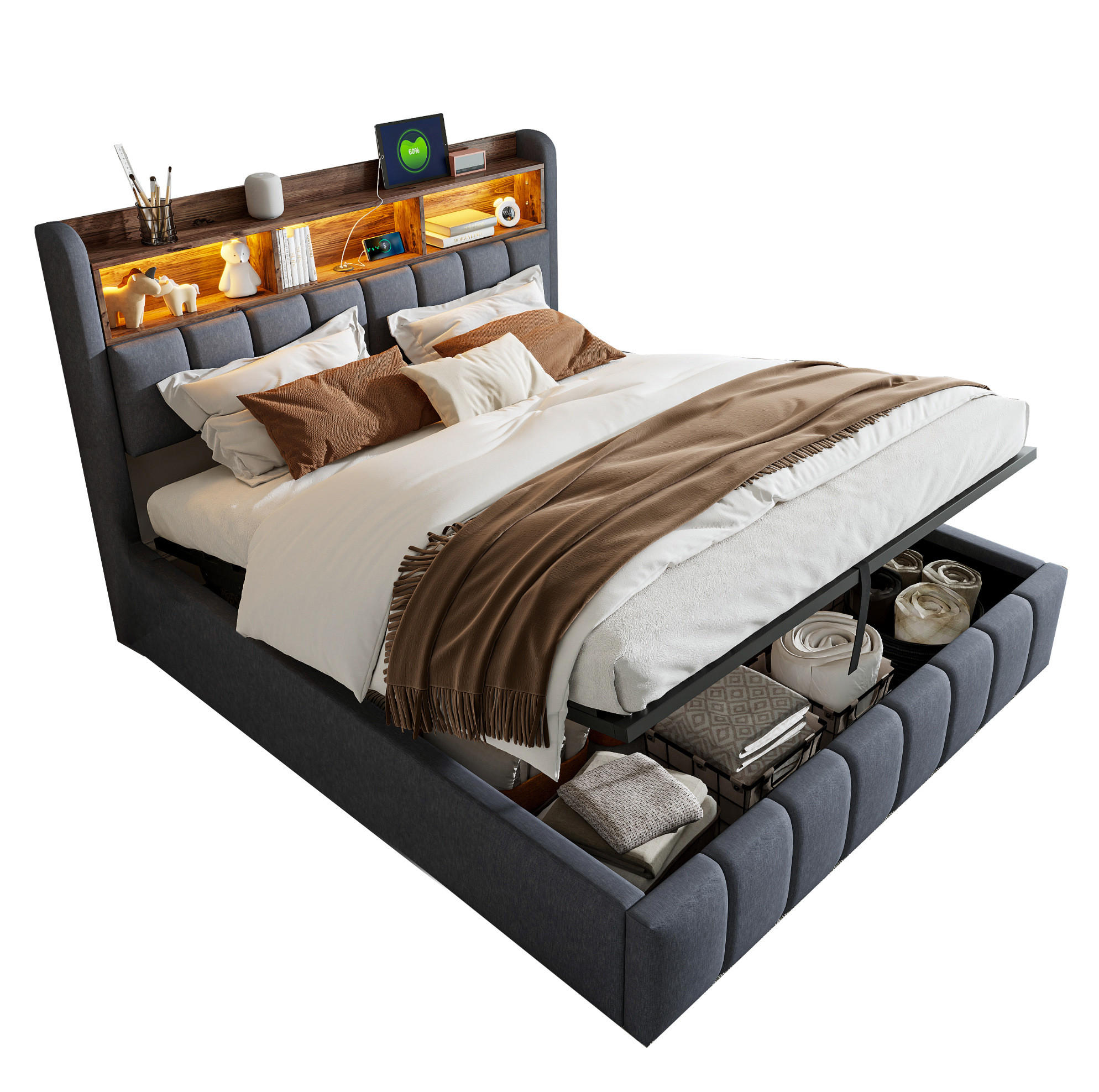 POLSTERBETT 180/200 cm grau LED-Beleuchtung mit Stauraum und USB-Anschluss - Grau, Textil (180/200cm) - OKWISH