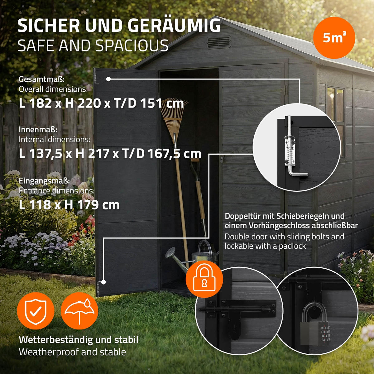 ZÁHRADNÍ DOMEK z plastu s podlahou 5 m³ 151 x 182 x 220 cm tmavě šedý - tmavě šedá, plast (182/220/151cm) - ECD-Germany