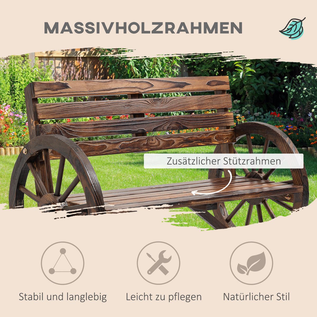 ZAHRADNÍ lavice z masivního jedlového dřeva 105,5x56x79 cm hnědá s rustikálním designem a opěrkami ve tvaru kola - hnědá, kompozitní dřevo (105.5/79/56cm) - Modfu