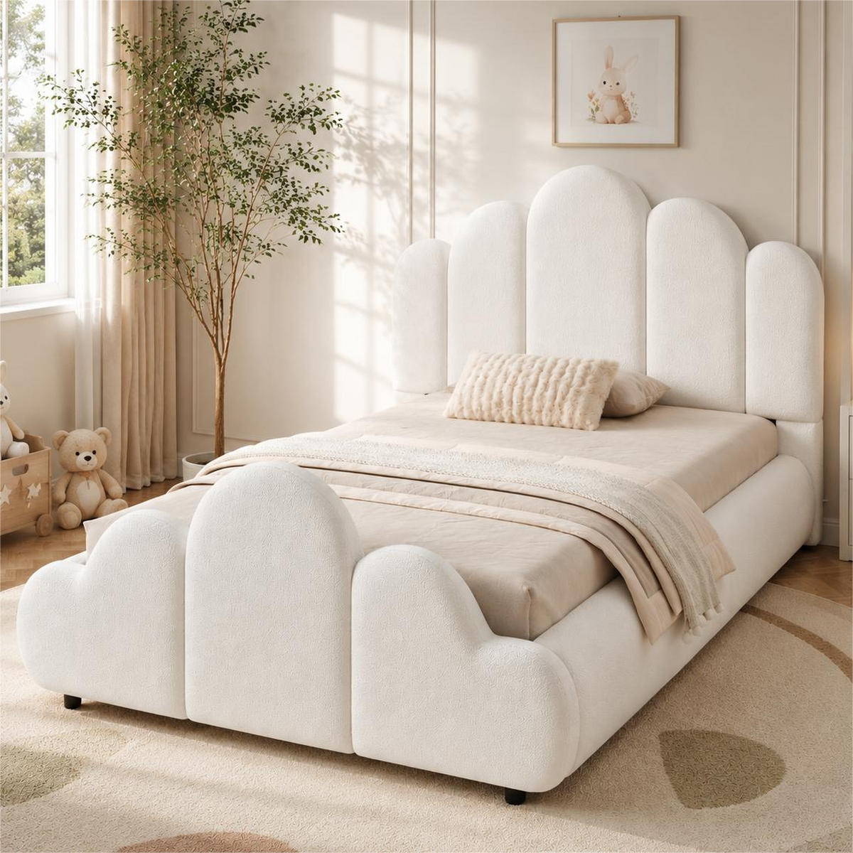 POLSTERBETT 90/200 cm in Beige mit gepolstertem Kopfteil, abgerundeten Ecken und Wolken-Design aus Bouclé - Beige/Schwarz, Holzwerkstoff/Textil (90/200cm) - STILVORA