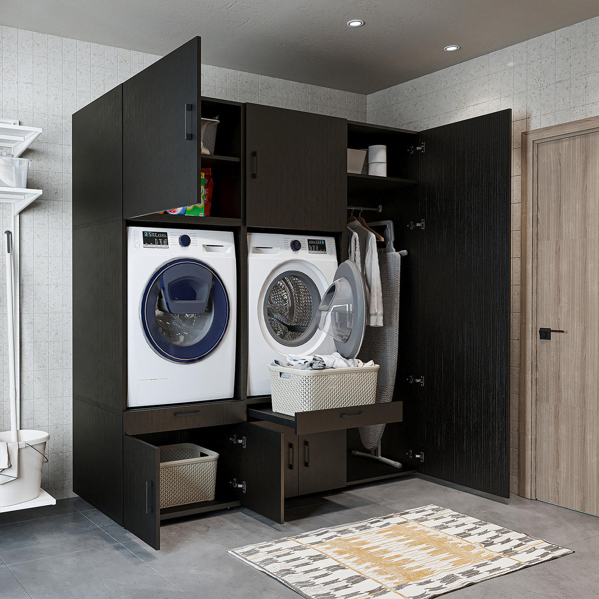 WASCHMASCHINENSCHRANK Serie 3 194cm Breit, 205cm Hoch - Schwarz, Holzwerkstoff (194/205/67cm)