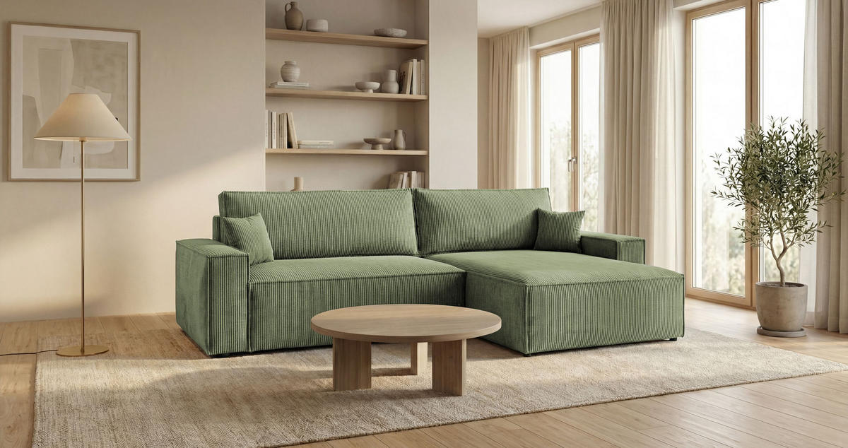 ROHOVÁ pohovka VIENNA pravá světle zelená manšestr Poso 47 - funkce spaní, úložný prostor - světle zelená, textil (285/184cm) - Cornero