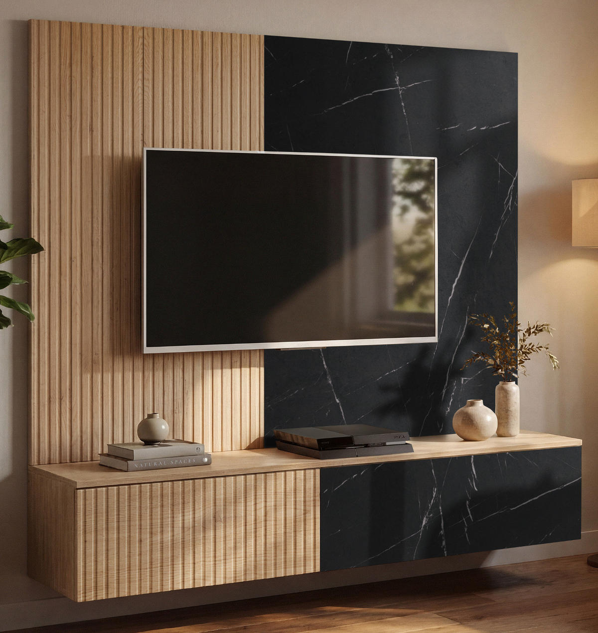 TV-LOWBOARD Cremona Eiche, Marmor schwarz 160 cm hängend, TV Unterschrank Set mit Wandpaneel - Eichefarben/Schwarz, Holzwerkstoff (160/148/35cm) - Inn.Furn