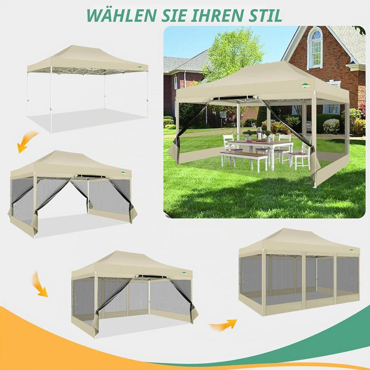 FALTPAVILLON 3 x 4.5 m Wasserdicht mit 4 Netzseitenwänden Khaki - Beige, Textil (300/336/450cm)