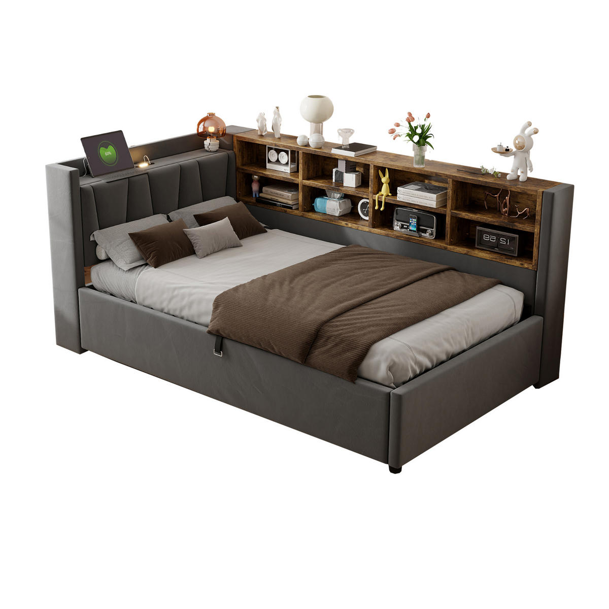 POLSTERBETT aus Samt 90x200 cm Grau mit hydraulischem Bettkasten, Nachtlicht und USB-/Typ-C-Anschluss - Grau, Textil (90/200cm) - Modfu