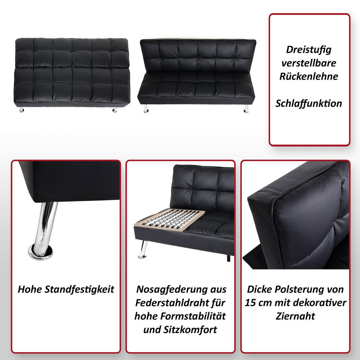 SOFA Schwarz - Schwarz, Textil (181/82/107cm) - MCW
